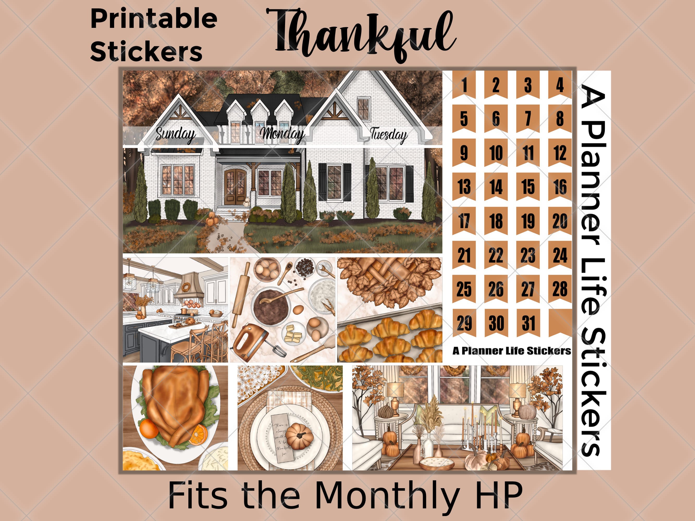 Printable Thanksgiving Fall monthly planner stickers cover image 